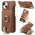 thumbnail image 1 of Compatible for iPhone 15 Zipper Wallet Case with Card Holder, Rotation Ring Kickstand Case, PU Leather Card Slots RFID Blocking Protection Shockproof Phone Cover for iPhone 15, Brown, 1 of 10