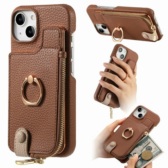 Compatible for iPhone 15 Zipper Wallet Case with Card Holder, Rotation Ring Kickstand Case, PU Leather Card Slots RFID Blocking Protection Shockproof Phone Cover for iPhone 15, Brown