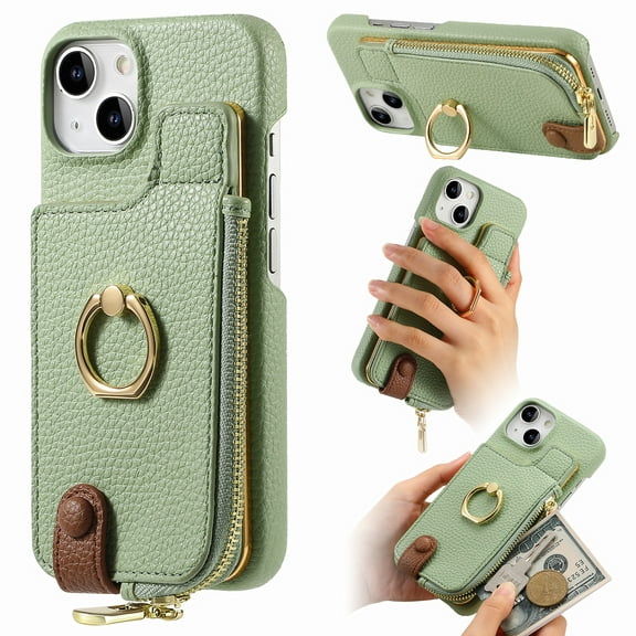 Compatible for iPhone 15 Zipper Wallet Case with Card Holder, Rotation Ring Kickstand Case, PU Leather Card Slots RFID Blocking Protection Shockproof Phone Cover for iPhone 15, Mint