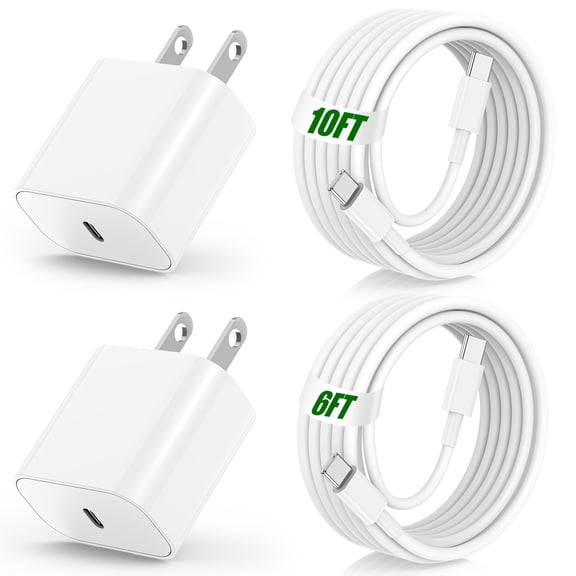 Compatible with iPhone 17 16 15 Charger Fast Charging, 2Pack 20W USB C Fast Wall Charger Block with 6Ft&10Ft Cable Compatible for iPhone 17/16/15/15 Plus/15 Pro/15 Pro Max Case, White