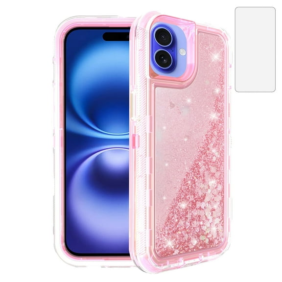 Compatible with iPhone 16 6.1 inch Phone Case Tempered Glass Screen Protector Bling Liquid Glitter Clear Hybrid Shockproof TPU Military Grade Protective Heavy Duty Cell Cover for i Phone16 i16 Pink