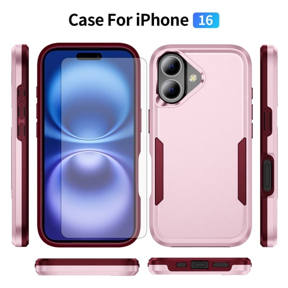 Compatible with iPhone 16 6.1 inch Phone Case Tempered Glass Screen Protector Hybrid Rugged Shockproof Hard Protective Drop Proof Full Body Heavy Duty Mobile Cell Cover for i Phone16 i16 16Case Pink