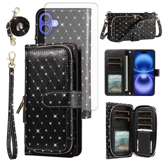 Compatible with iPhone 16 6.1 inch Wallet Phone Case Tempered Glass Screen Protector Bling Glitter Crossbody Lanyard Strap Flip Zipper Purse Card Holder Cell Cover for i Phone16 i6 16Case Women Black