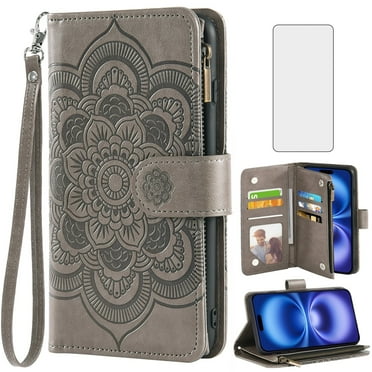 Compatible with iPhone 16 6.1 inch Wallet Phone Case and Tempered Glass Screen Protector Flower Faux Leather Flip Credit Card Holder Stand Zipper Cell Cover for i Phone16 i16 16Case Women Grey