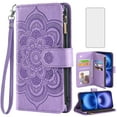 thumbnail image 1 of Compatible with iPhone 16 6.1 inch Wallet Phone Case and Tempered Glass Screen Protector Flower Faux Leather Flip Credit Card Holder Stand Zipper Cell Cover for i Phone16 i16 16Case Women Purple, 1 of 8