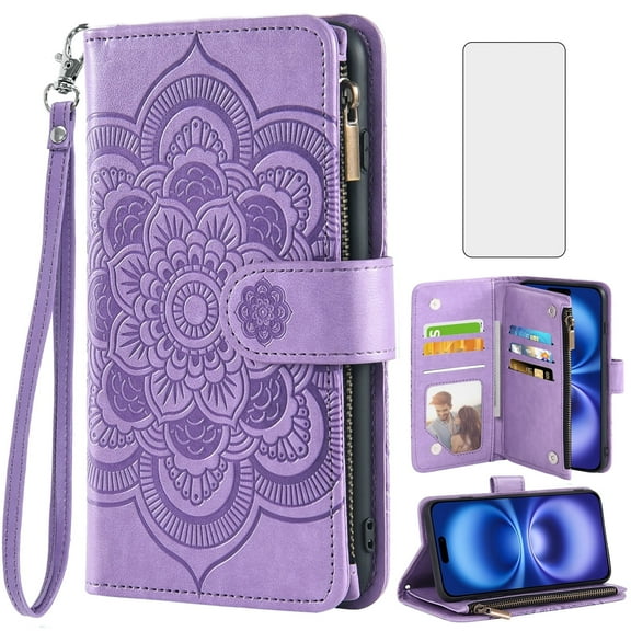 Compatible with iPhone 16 6.1 inch Wallet Phone Case and Tempered Glass Screen Protector Flower Faux Leather Flip Credit Card Holder Stand Zipper Cell Cover for i Phone16 i16 16Case Women Purple