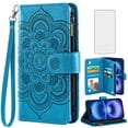 thumbnail image 1 of Compatible with iPhone 16 6.1 inch Wallet Phone Case and Tempered Glass Screen Protector Flower Faux Leather Flip Credit Card Holder Stand Zipper Cell Cover for i Phone16 i16 16Case Women Blue, 1 of 8