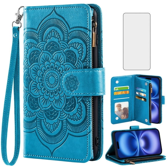 Compatible with iPhone 16 6.1 inch Wallet Phone Case and Tempered Glass Screen Protector Flower Faux Leather Flip Credit Card Holder Stand Zipper Cell Cover for i Phone16 i16 16Case Women Blue
