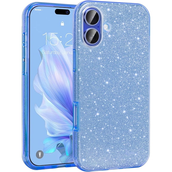 Compatible with iPhone 16 Case[2024], Glitter Bling 3-Layer Shockproof Anti-Scratch Cover 6.1'' for Girls Women,Trendy Sparkle Protective Cases for iPhone16-Blue