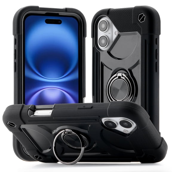 Compatible with iPhone 16 Case, with 360° Rotate Ring Stand, Military Grade Drop Protection Full Body Rugged Heavy Duty Case 3 in 1 Protective Cover, Black