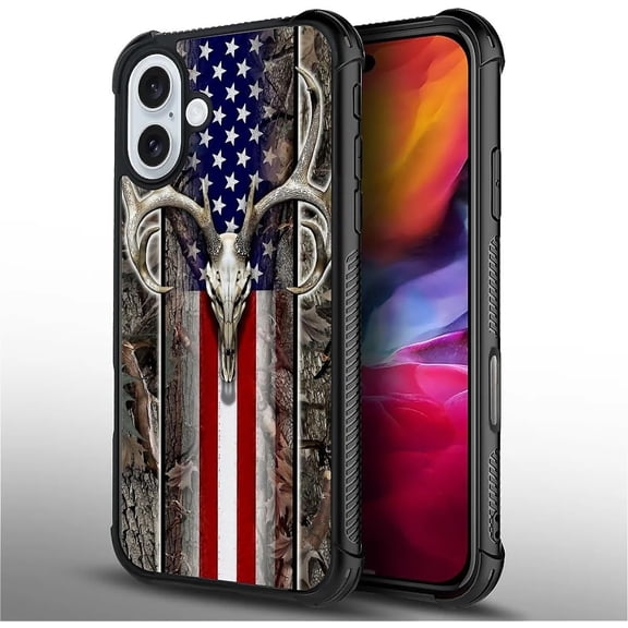 Compatible with iPhone 16 Case, American Flag Wood Deer Skeleton Ultimate Protection: Back+Soft Silicone Acrylic TPU Design for Shockproof Fall Prevention Case for iPhone 16