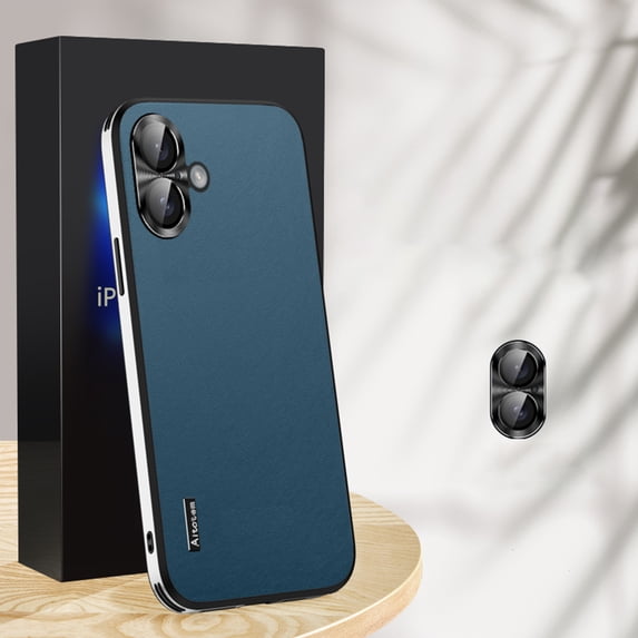 Compatible with iPhone 16 Case, with Camera Lens Protector, Luxury Vegan PU Leather Back Slim Thin Matte Business Phone Case Cover for Men and Women for iPhone 16, Blue