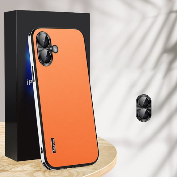 Compatible with iPhone 16 Case, with Camera Lens Protector, Luxury Vegan PU Leather Back Slim Thin Matte Business Phone Case Cover for Men and Women for iPhone 16, Orange