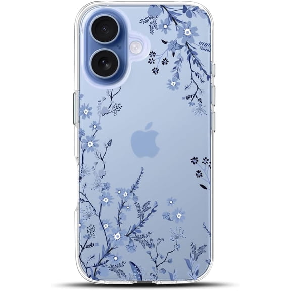 Compatible with iPhone 16 Case, Clear Floral Blue Flower Shockproof Protective Bumper Hard Back Slim Cute Clear Phone Cover for Women Girls 2024 6.1", Blue Floral 16