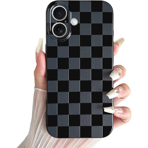 Compatible with iPhone 16 Case Cute Checkerboard Checkered Pattern Design Soft Slim TPU Phone Case Shockproof Full Camera Protection for Women Girls - Black