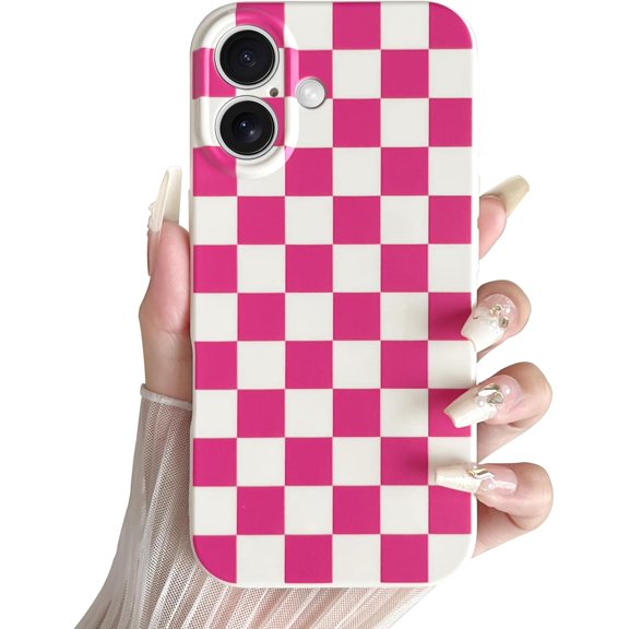 Compatible with iPhone 16 Case Cute Checkerboard Checkered Pattern Design Soft Slim TPU Phone Case Shockproof Full Camera Protection for Women Girls - Hot Pink