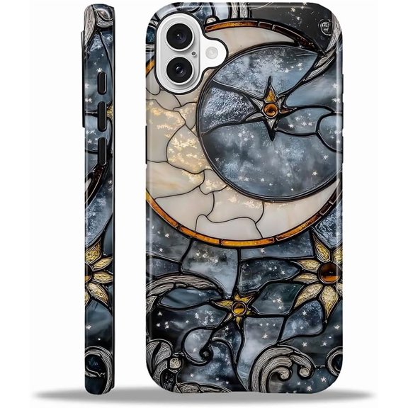 Compatible with iPhone 16 Case - Dual-Layer Protection, Hard Shell with Silicone Interior, Slim Scratch Resistant Shockproof for Woman Men - Moon and Stars Celestial