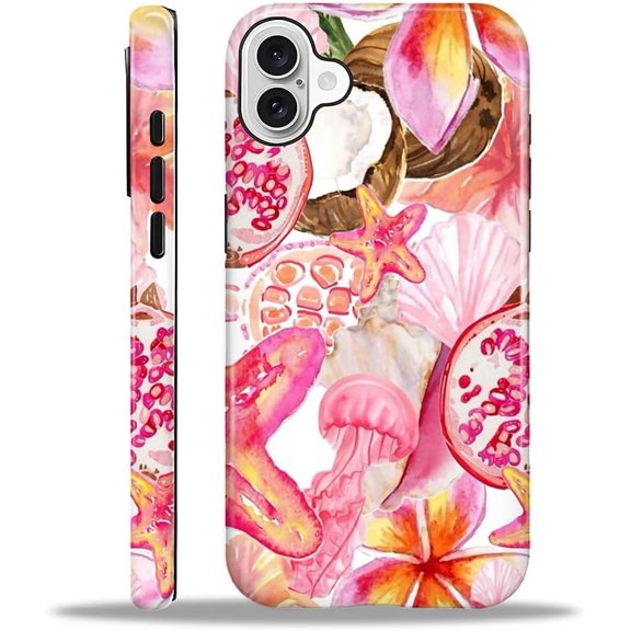 Compatible with iPhone 16 Case - Dual-Layer Protection, Hard Shell with Silicone Interior, Slim Scratch Resistant Shockproof for Woman Men - A Pink Shell Star Fruit Collage