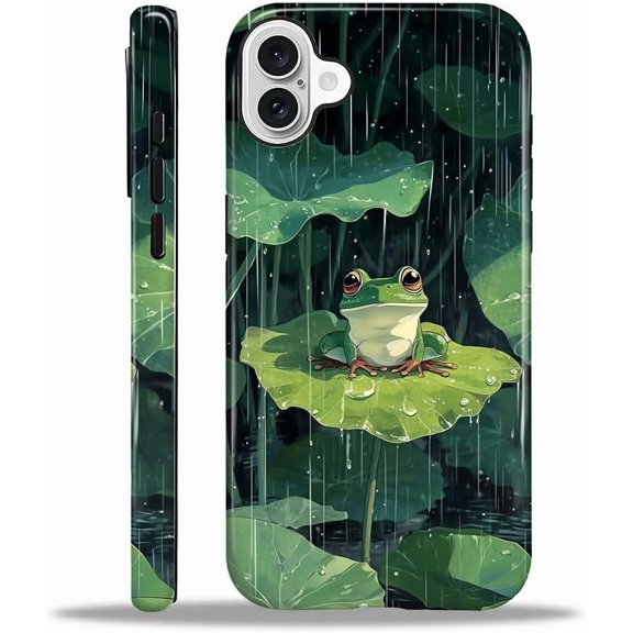 Compatible with iPhone 16 Case, Dual-Layer Protection Hard Shell with Silicone Interior, Slim Scratch Resistant Shockproof for Woman Men Raindrops and Frog On Lotus Leaves