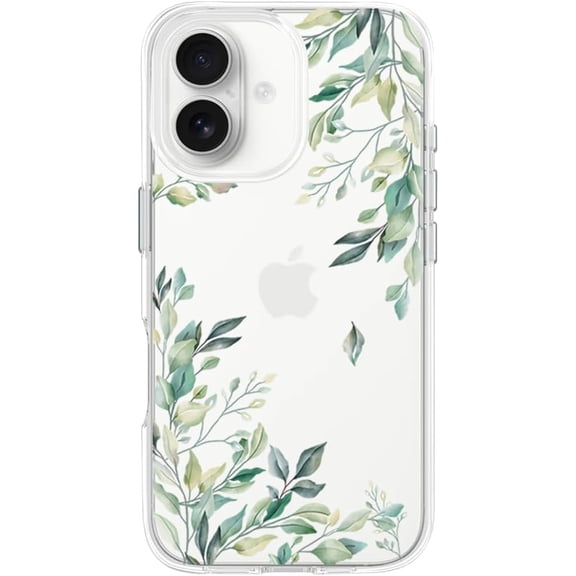 Compatible with iPhone 16 Case Floral Clear Case for Girls Woman Shockproof Cute Green Tree Leaves Flower Design, Anti-Yellowing Hard Back Bumper Protective Phone Cover 6.1inch2024 (Leaves16)