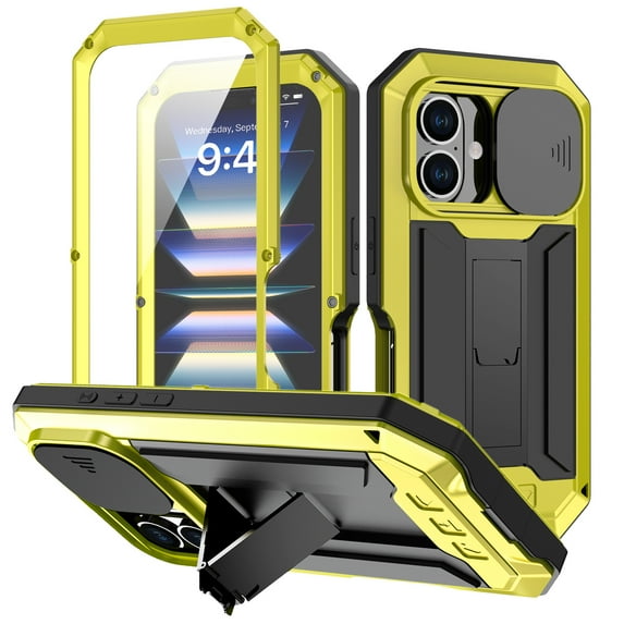 Compatible with iPhone 16 Case, Heavy Dustproof Shockproof Military Grade Rugged Durable Aluminum Metal Case Cover with Kickstand Screen Protector for iPhone 16, Yellow