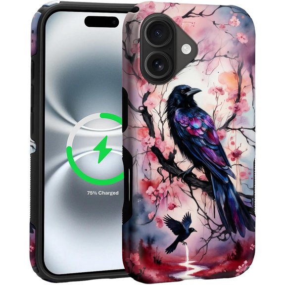 Compatible with iPhone 16 Case for MagSafe, Anti-Slip Strips 2-in-1 All-Inclusive Dual-Layer Soft TPU + PC Back for Fantasy Black Raven Cherry Blossom Branch Gothic
