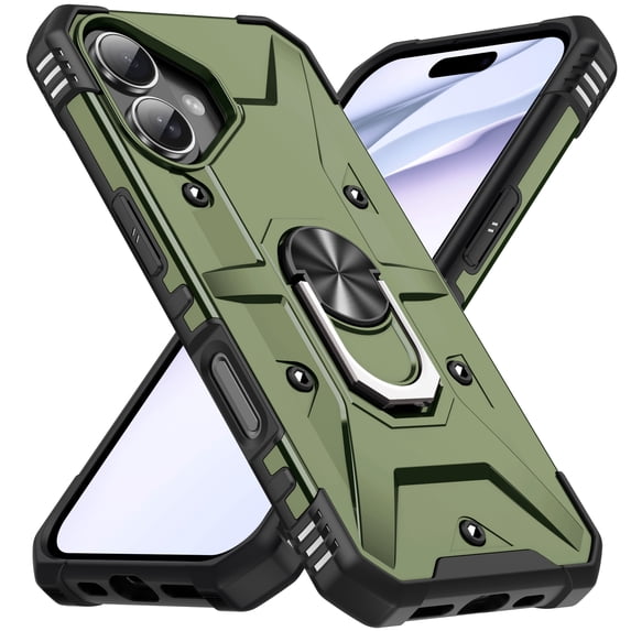 Compatible for iPhone 16 Case, Military Grade Shockproof Rugged Heavy Duty Protective Durable Phone Cover with Built-in Rotating Ring Kickstand for iPhone 16, Armygreen