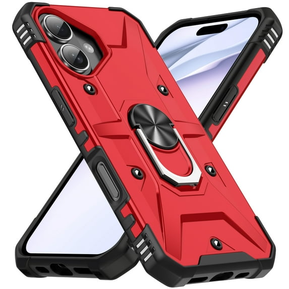 Compatible for iPhone 16 Case, Military Grade Shockproof Rugged Heavy Duty Protective Durable Phone Cover with Built-in Rotating Ring Kickstand for iPhone 16, Red