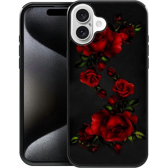 Compatible with iPhone 16 Case, Pattern Design Hard PC Back Cover Non-Slip Soft TPU Protective Case for iPhone 16 for Women 6.1inch-Cute Little Dogs Red Roses