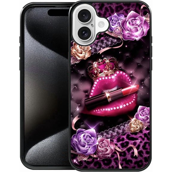 Compatible with iPhone 16 Case,Pattern Design Hard PC Back Cover Non-Slip Soft TPU Protective Case for iPhone 16 for Women 6.1inch-Golden Rose Pearl Lips