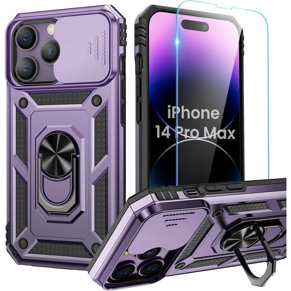 Compatible for iPhone 16 Case with Screen Protector - Slide Camera Cover Protective Phone Case with Ring Stand, Heavy Duty Shockproof Rugged Bumper for iPhone 16 Accessories Blue