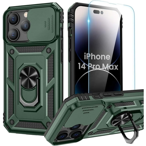 Compatible for iPhone 16 Case with Screen Protector - Slide Camera Cover Protective Phone Case with Ring Stand, Heavy Duty Shockproof Rugged Bumper for iPhone 16 Accessories Blue