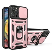 Compatible with iPhone 16 Case with Sliding Camera Lens Cover and Ring Kickstand Heavy Duty Military Grade Rugged Protection Shockproof Back Phone Cover for iPhone 16, Rosegold