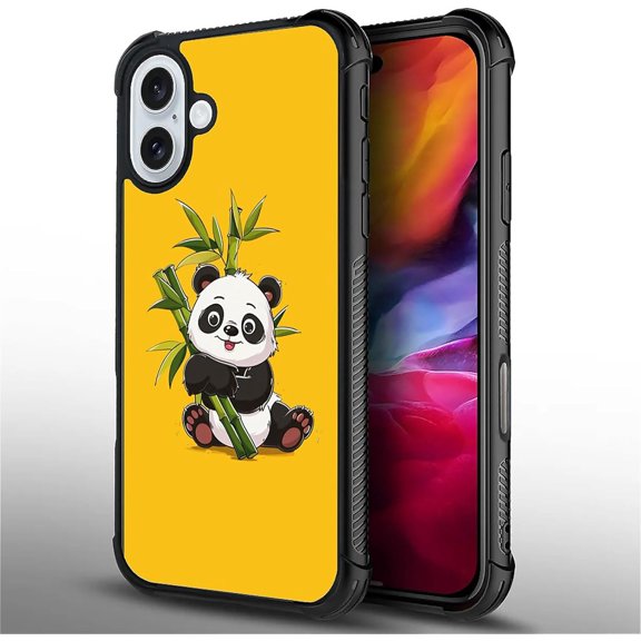 Compatible with iPhone 16 Case, Ultimate Protection: Back+Soft Silicone Acrylic TPU Design for Shockproof Fall Prevention Cute Cartoon Panda Holding Bamboo