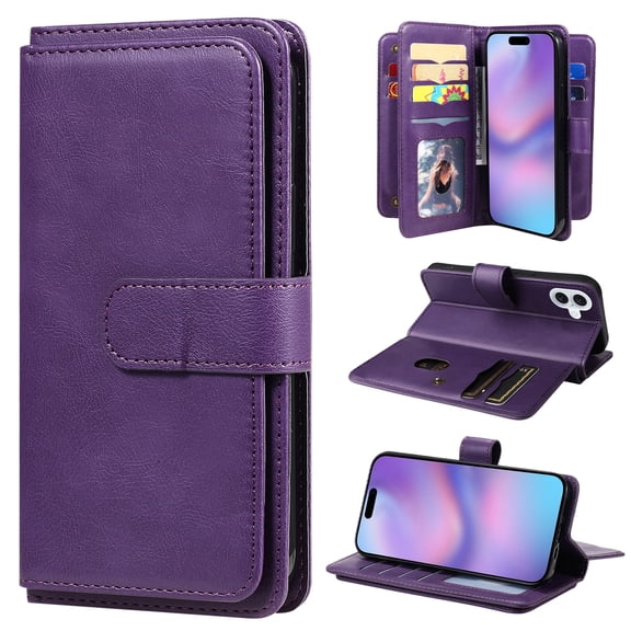 Compatible with iPhone 16 Case Wallet with Card Holder[10 Card Slots] Kickstand [RFID Blocking] Magnetic PU Leather Phone Case Flip Kickstand Folio TPU Shockproof Case,Purple