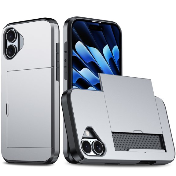 Compatible with iPhone 16 Case, Wallet Cover Credit Card Holder Slot Sliding Back Pocket Anti-Scratch Dual Layer Protective Case Cover for iPhone 16, Gray