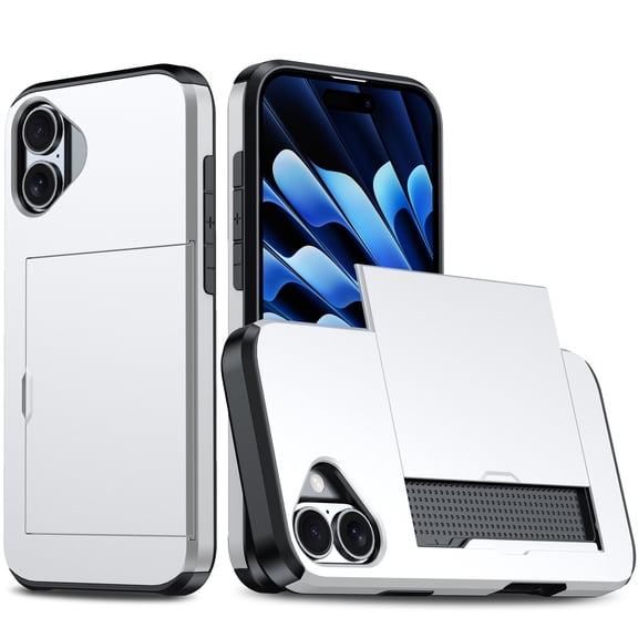 Compatible with iPhone 16 Case, Wallet Cover Credit Card Holder Slot Sliding Back Pocket Anti-Scratch Dual Layer Protective Case Cover for iPhone 16, Silver