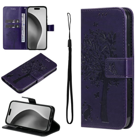Compatible with iPhone 16 Case Wallet Case with Kickstand Credit Card Holder Slots Cute Cat Butterfly & Tree Embossed Premium PU Leather Protective Phone Case with Wrist Strap,Purple