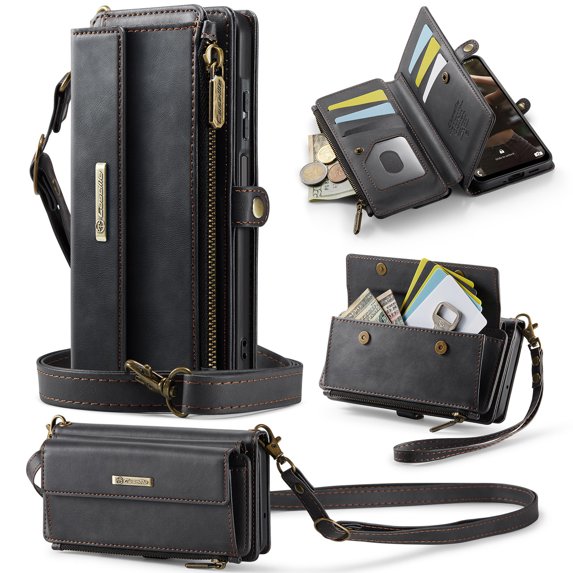Compatible with iPhone 16 Case Wallet with RFID Blocking Card Holder for Women and Men, Matte Soft PU Leather Magnetic Snap Flip Zipper Strap Wallet Phone Case,Black