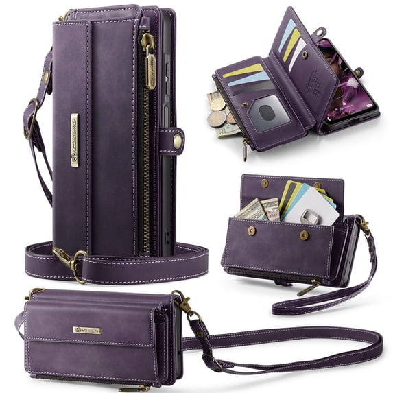 Compatible with iPhone 16 Case Wallet with RFID Blocking Card Holder for Women and Men, Matte Soft PU Leather Magnetic Snap Flip Zipper Strap Wallet Phone Case,Purple