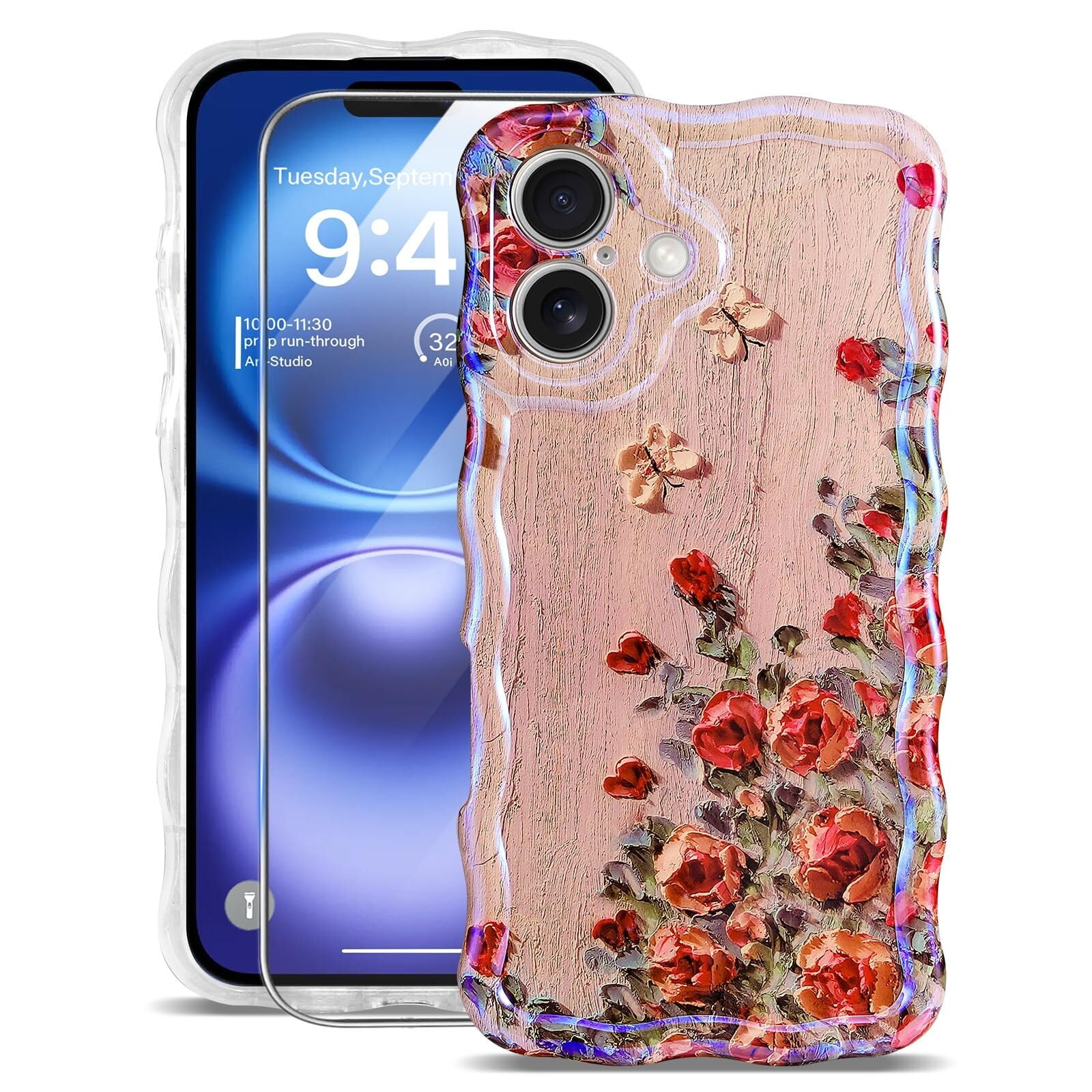 Compatible with iPhone 16 Case [with 9H Screen Protectors] Wave Bumper