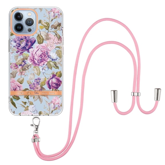 Compatible with iPhone 16 Clear TPU Flower Pattern Case, iPhone 16 Case with Strap Crossbody Adjustable Neck Lanyard Case Phone Cover Designed for iPhone 16, Flower#6