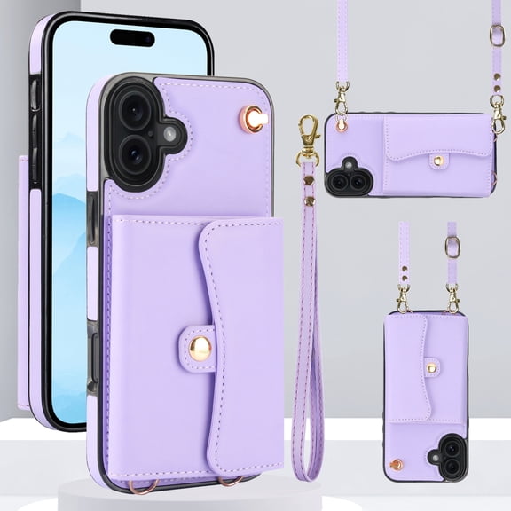 Compatible with iPhone 16 Crossbody Wallet Case with Card Holder for Women,Phone Case RFID Blocking PU Leather Handbag Flip Cover with Large Capacity Card Slots Wrist Strap,Purple
