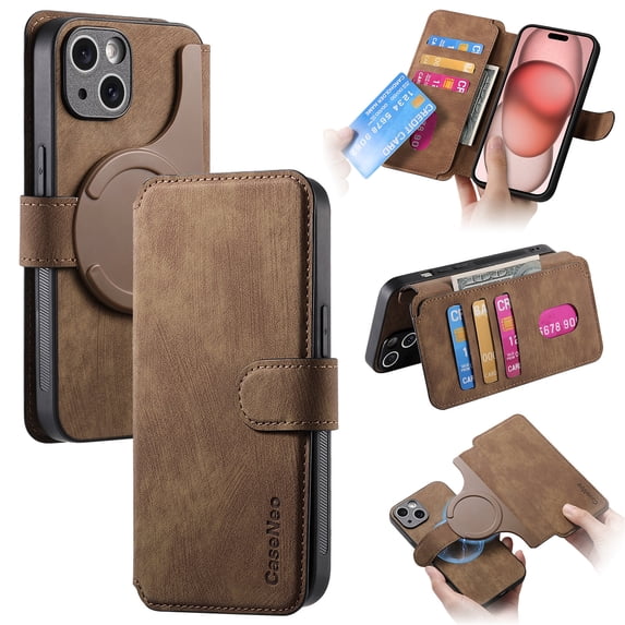 Compatible With iPhone 16 Detachable Magnetic Wallet Phone Case,Flip Folding Kickstand,With Card Slots,Cash Pocket,PU Leather Shockproof Anti-fall Rugged Case Cover,Brown