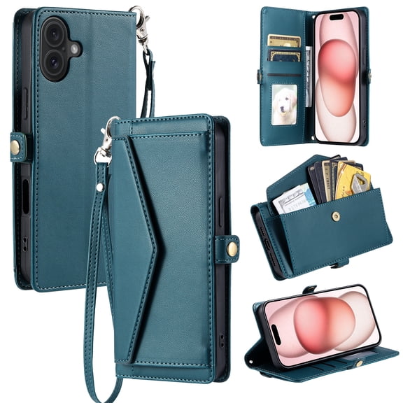 Compatible with iPhone 16 Envelope Style Wallet Case, with Wrist Strap and Crossbody Strap, Flip Card Holder Stand Rugged Cell Phone Cover for iPhone 16 Women Men - Green
