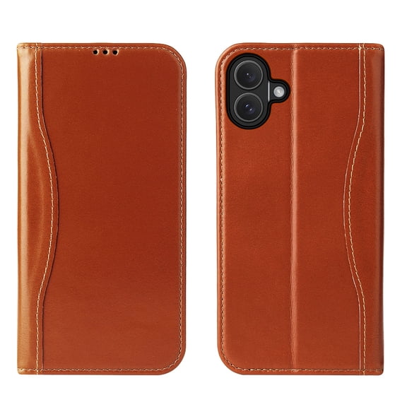 Compatible with iPhone 16 Genuine Leather Case, Wallet Folio Case with Magnetic Closure Kickstand Card Slots, Shockproof TPU Shell, Protective Flip Book Cover for iPhone 16, Brown