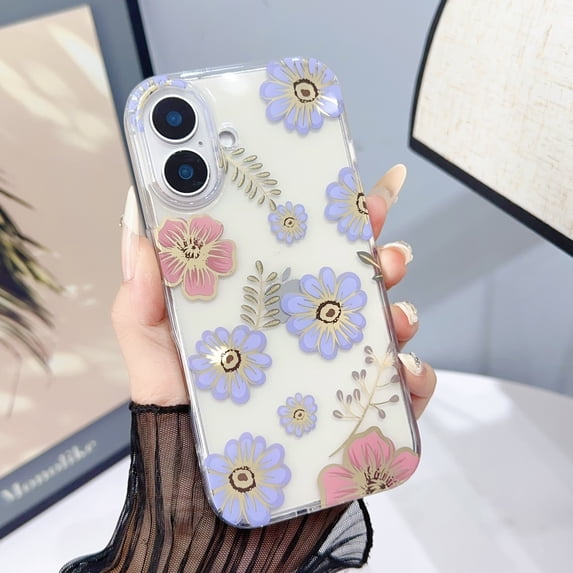 Compatible with iPhone 16, Luxury TPU Clear Floral Pattern Anti-Scratch Anti-Yellow Back Case Shockproof Drop Protective Thin Fit Phone Case for iPhone 16, Lightpurple Flower