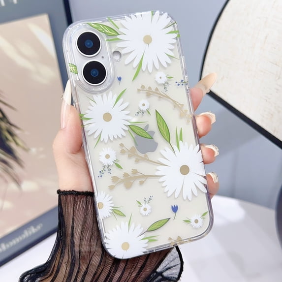 Compatible with iPhone 16, Luxury TPU Clear Floral Pattern Anti-Scratch Anti-Yellow Back Case Shockproof Drop Protective Thin Fit Phone Case for iPhone 16, White Flower