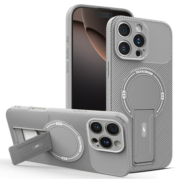 Compatible for iPhone 16 Magnetic Case, Carbon Fiber Texture Case with Invisible Stand, [Support Wireless Charging] Shockproof Slim Rugged Protective Case for iPhone 16, Gray