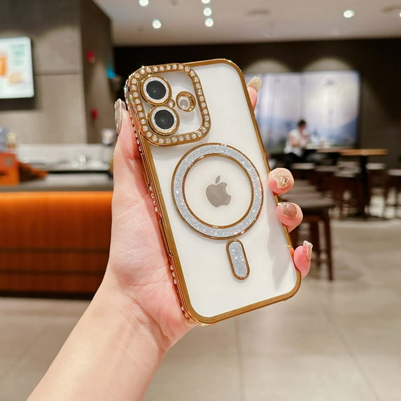 Compatible with iPhone 16 Magnetic Phone Case,Diamond-embedded Frame Designing,With Lens Film,Bling Glitter Magnetic Ring,Shockproof Cute Bling Transparent Phone Case,Gold